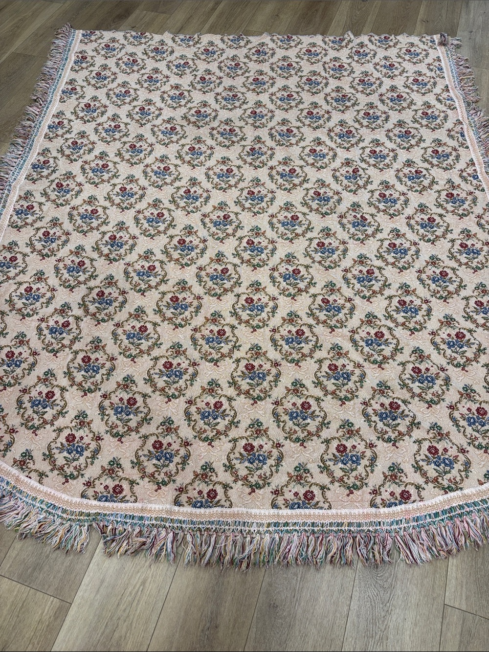 Italian Floral Medallion Round Fringe Bedspread -Blue & Red Accents